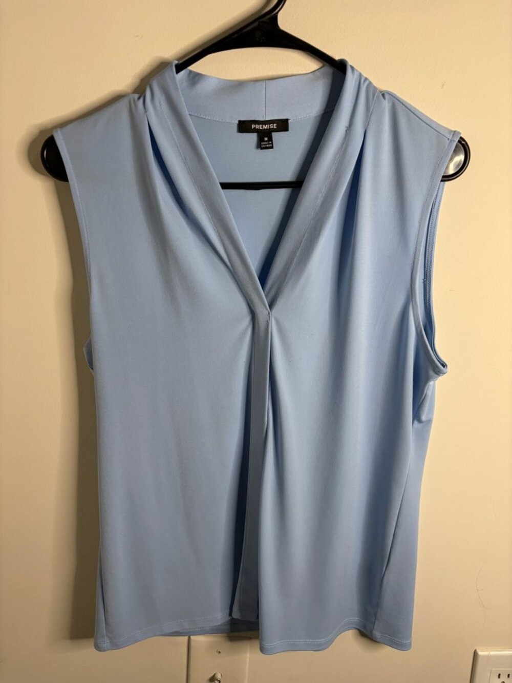 Premise Matte Jersey V-Neck Shoulder Pleat Sleeveless Top, Baby Blue - Size M